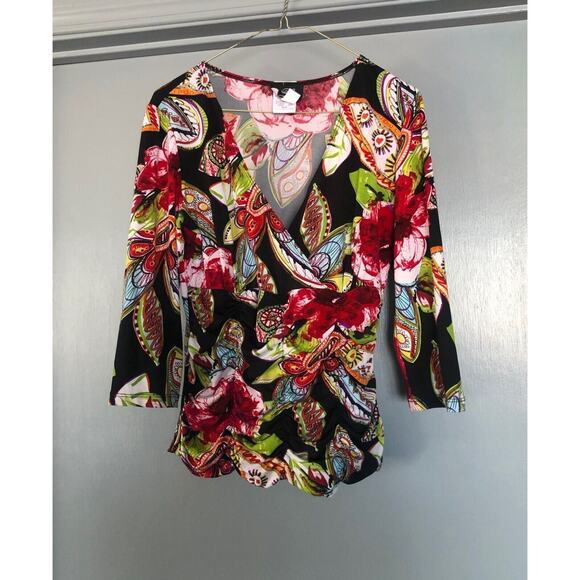 Libra Women’s Cross Body Babydoll Bright Floral with gathering 3/4 sleeves - Picture 1 of 4